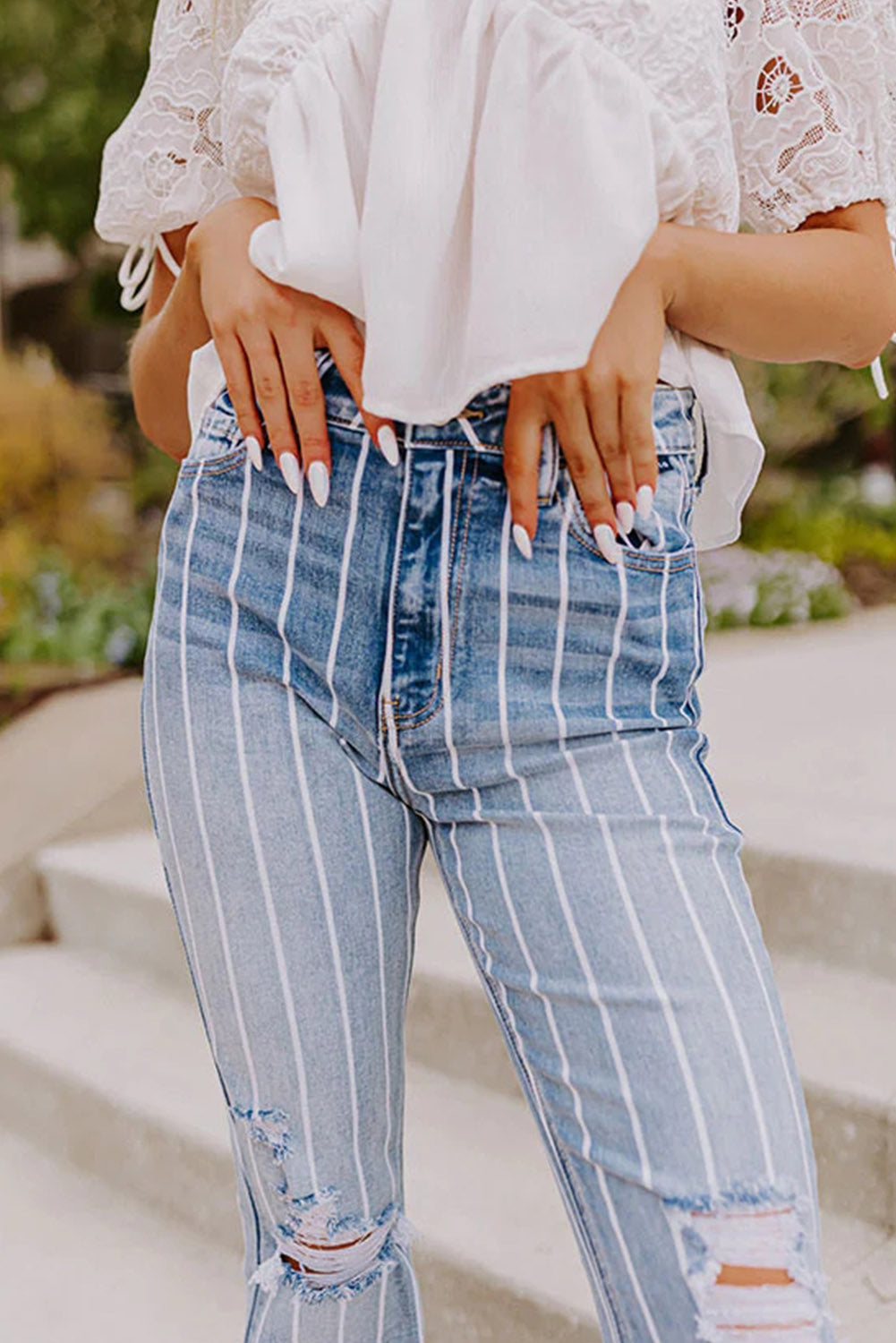 Sky Blue Vertical Striped Ripped Flare Jeans Bottoms JT's Designer Fashion