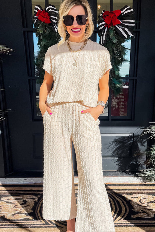 Apricot Metallic Lattice Textured Casual Two Piece Outfit Bottoms JT's Designer Fashion