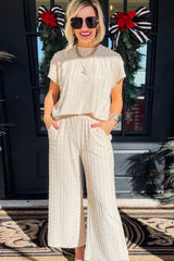 Apricot Metallic Lattice Textured Casual Two Piece Outfit Bottoms JT's Designer Fashion