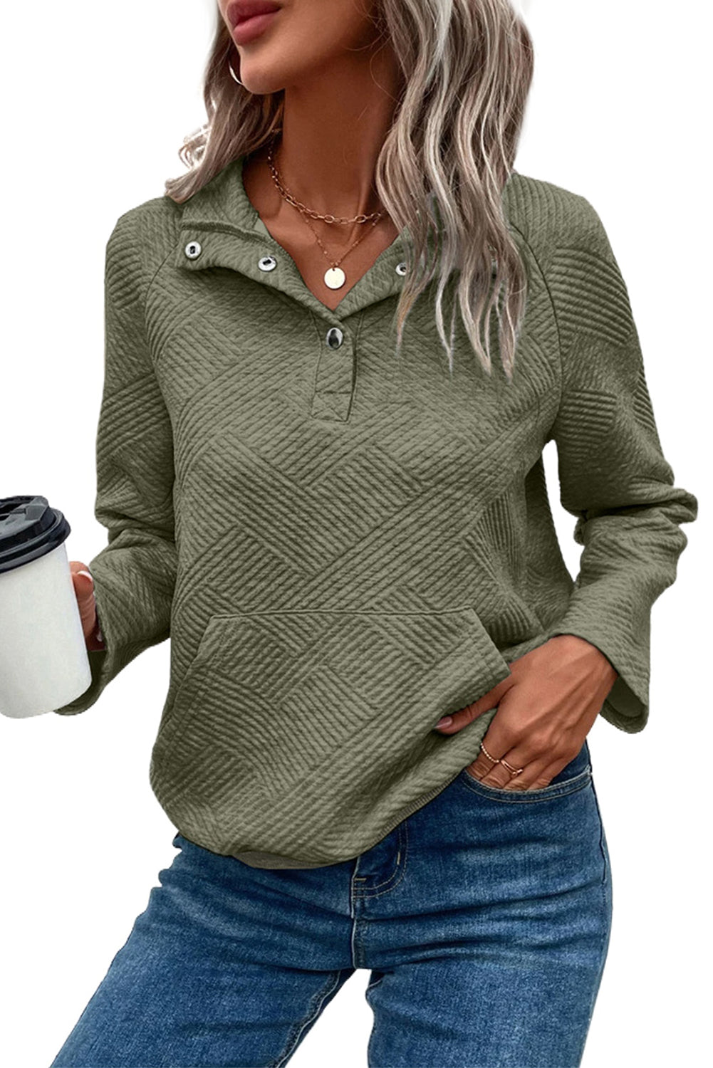 Swamp Textured Knit Buttoned Kangaroo Pocket Sweatshirt Sweatshirts & Hoodies JT's Designer Fashion