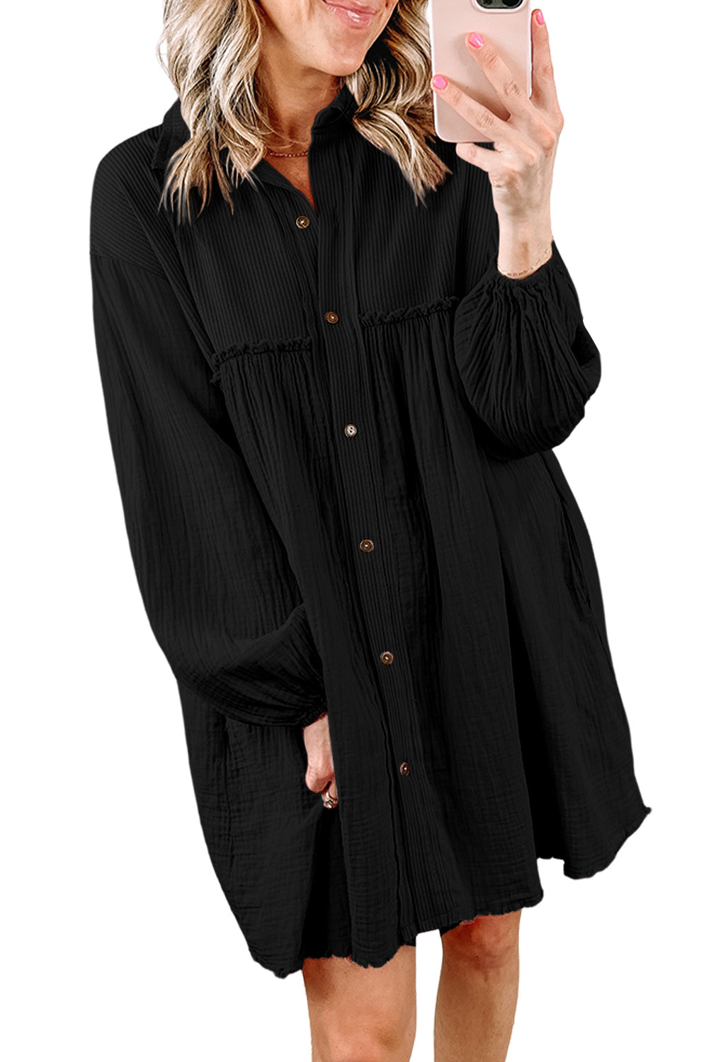 Black Pink Patchwork Crinkle Puff Sleeve Shirt Dress Dresses JT's Designer Fashion