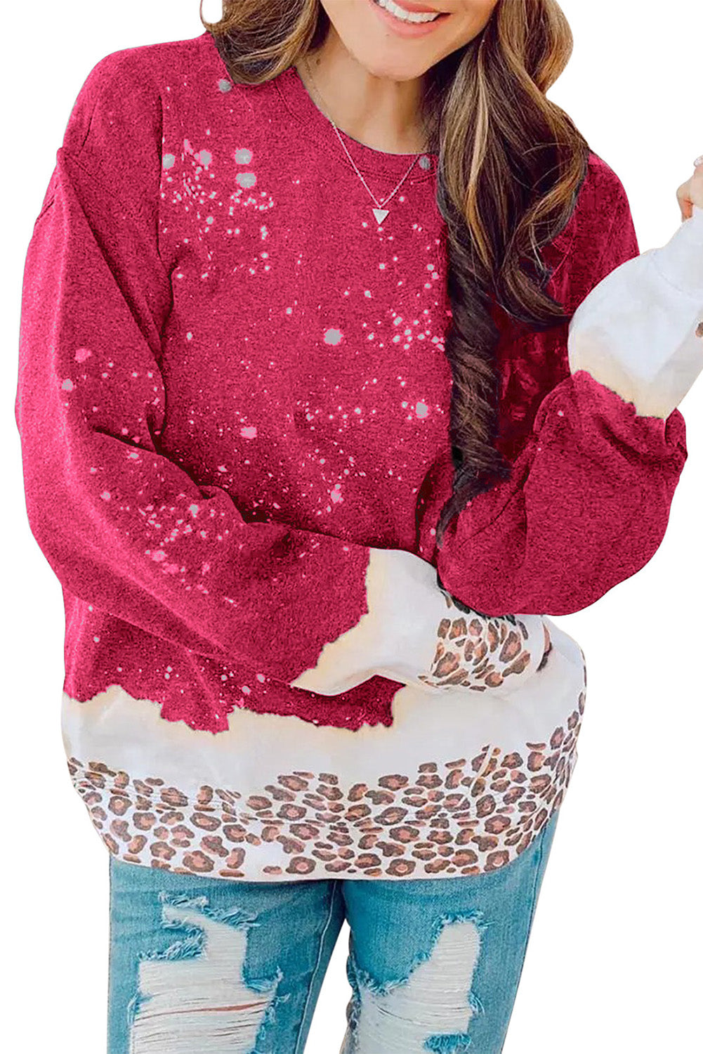 Red Leopard Bleached Pullover Sweatshirt Sweatshirts & Hoodies JT's Designer Fashion