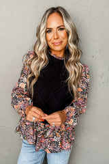 Black Cable Knit Contrast Floral Sleeve Peplum Sweater Sweaters & Cardigans JT's Designer Fashion