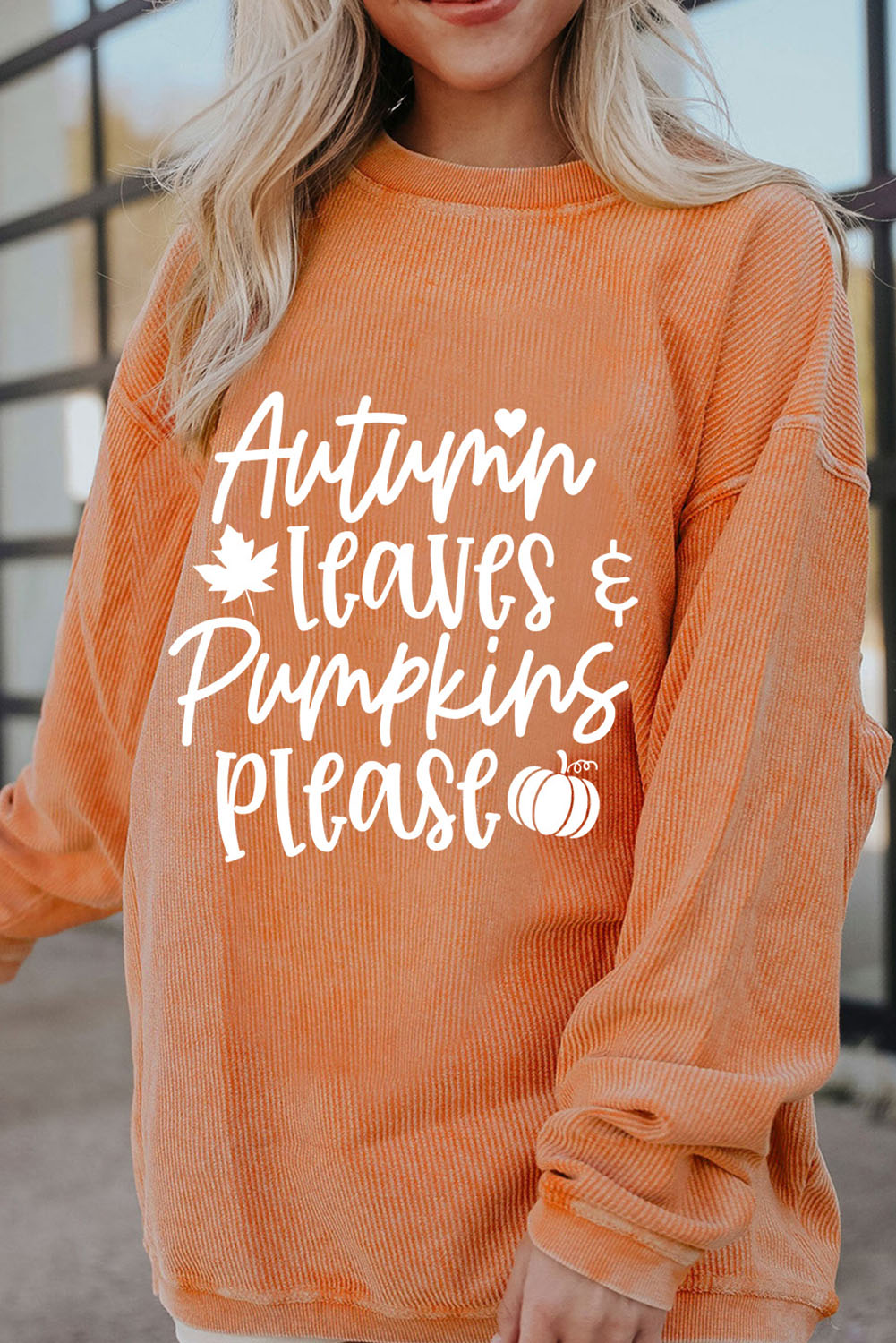Orange Autumn Leaves Pumpkins Please Ribbed Oversized Sweatshirt Orange-3 100%Polyester Graphic Sweatshirts JT's Designer Fashion