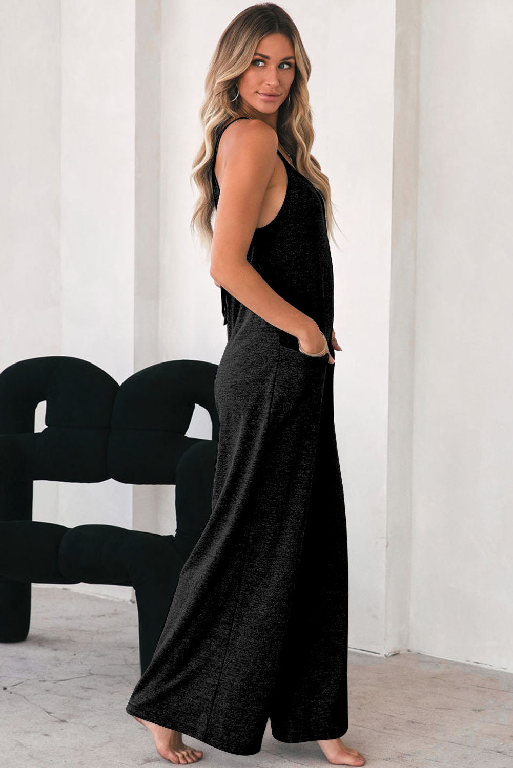 Black Loose Fit Side Pockets Spaghetti Strap Wide Leg Jumpsuit Jumpsuits & Rompers JT's Designer Fashion