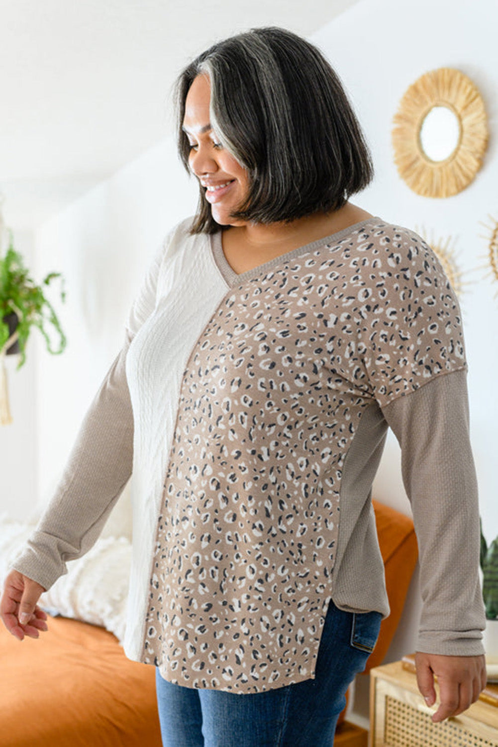 Gray Plus Size Leopard Patchwork Mix Knit Long Sleeve Top Plus Size JT's Designer Fashion