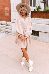 Oatmeal Crinkle Distressed Puff Sleeve Flared Dress Dresses JT's Designer Fashion