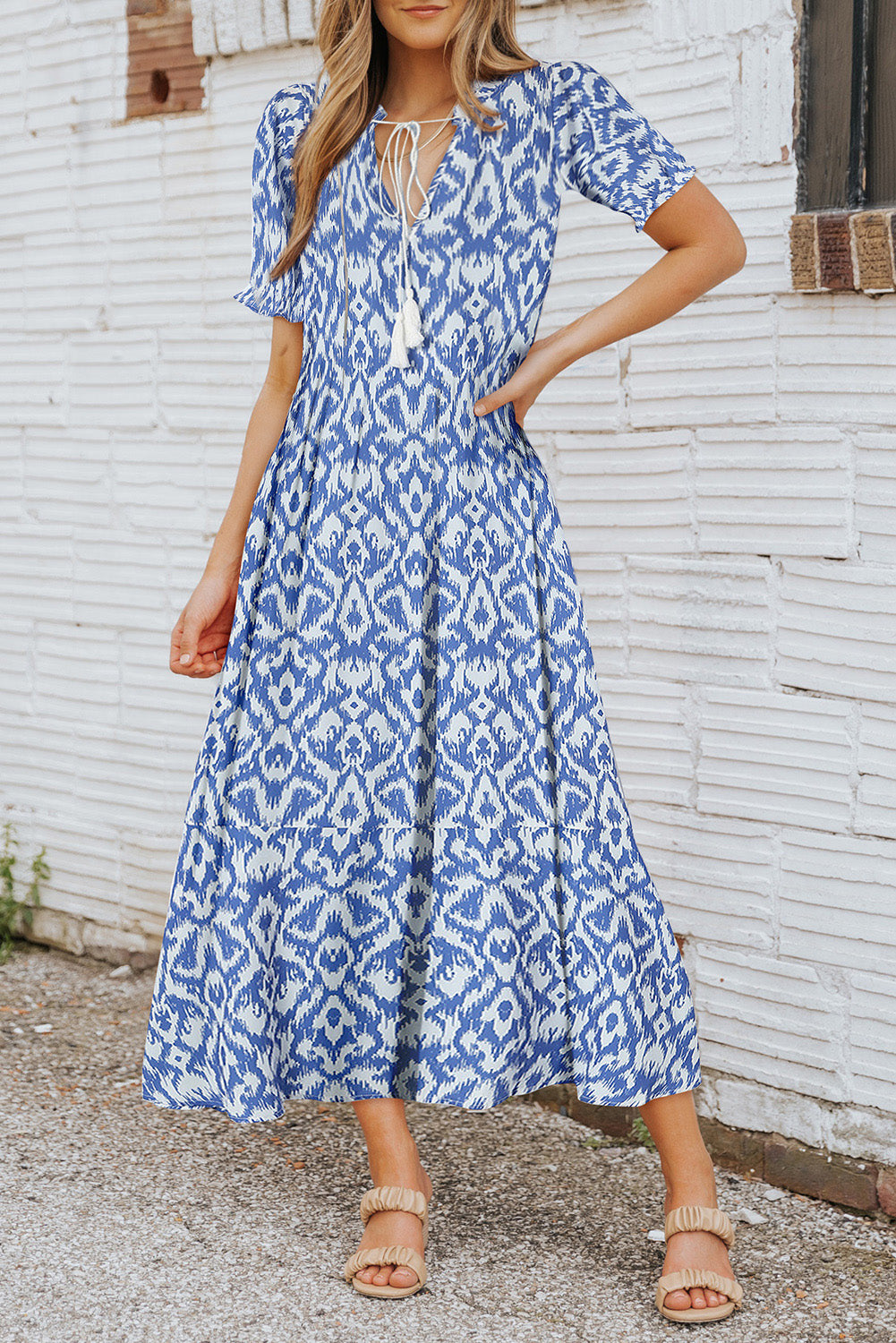 Sky Blue V Neck Casual Geometric Print Long Dress Maxi Dresses JT's Designer Fashion