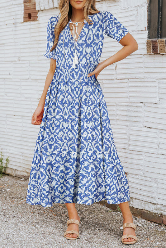 Sky Blue V Neck Casual Geometric Print Long Dress Maxi Dresses JT's Designer Fashion