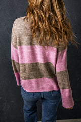 Rose Stripe Crew Neck Wide Sleeve Colorblock Sweater Sweaters & Cardigans JT's Designer Fashion
