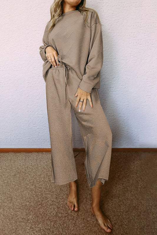 Apricot khaki Gray Ultra Loose Textured 2pcs Slouchy Outfit Bottoms JT's Designer Fashion