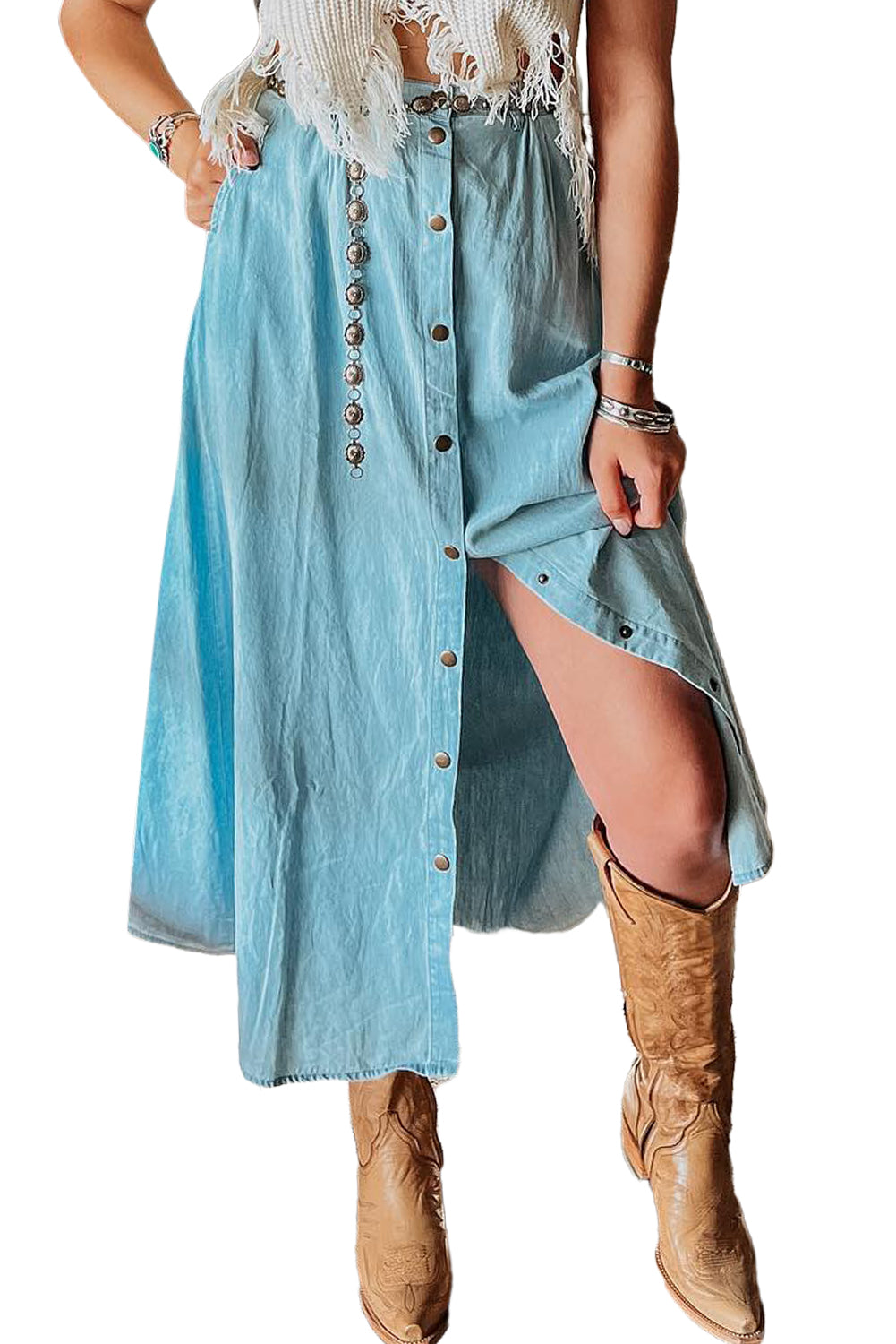 Mist Blue Fully Buttoned Long Denim Skirt Bottoms JT's Designer Fashion