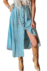 Mist Blue Fully Buttoned Long Denim Skirt Bottoms JT's Designer Fashion