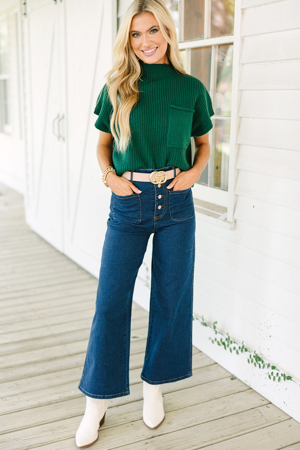 Blackish Green Patch Pocket Ribbed Knit Short Sleeve Sweater Sweaters & Cardigans JT's Designer Fashion