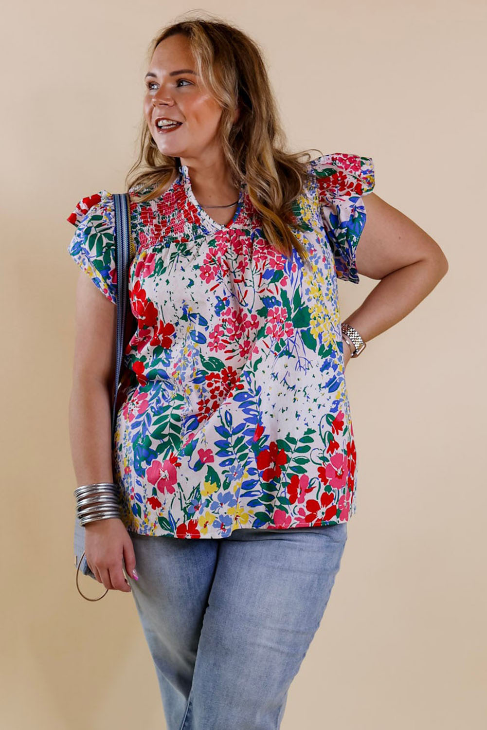 Red Plus Floral Print Ruffle Cap Sleeve V Neck Blouse Plus Size JT's Designer Fashion