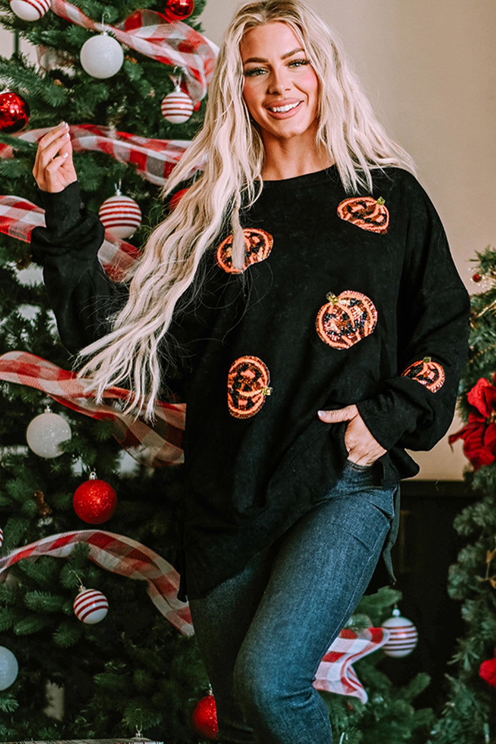 Black Sequined Jack O Lantern Split Hem Baggy Sweatshirt Graphic Sweatshirts JT's Designer Fashion