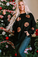 Black Sequined Jack O Lantern Split Hem Baggy Sweatshirt Graphic Sweatshirts JT's Designer Fashion