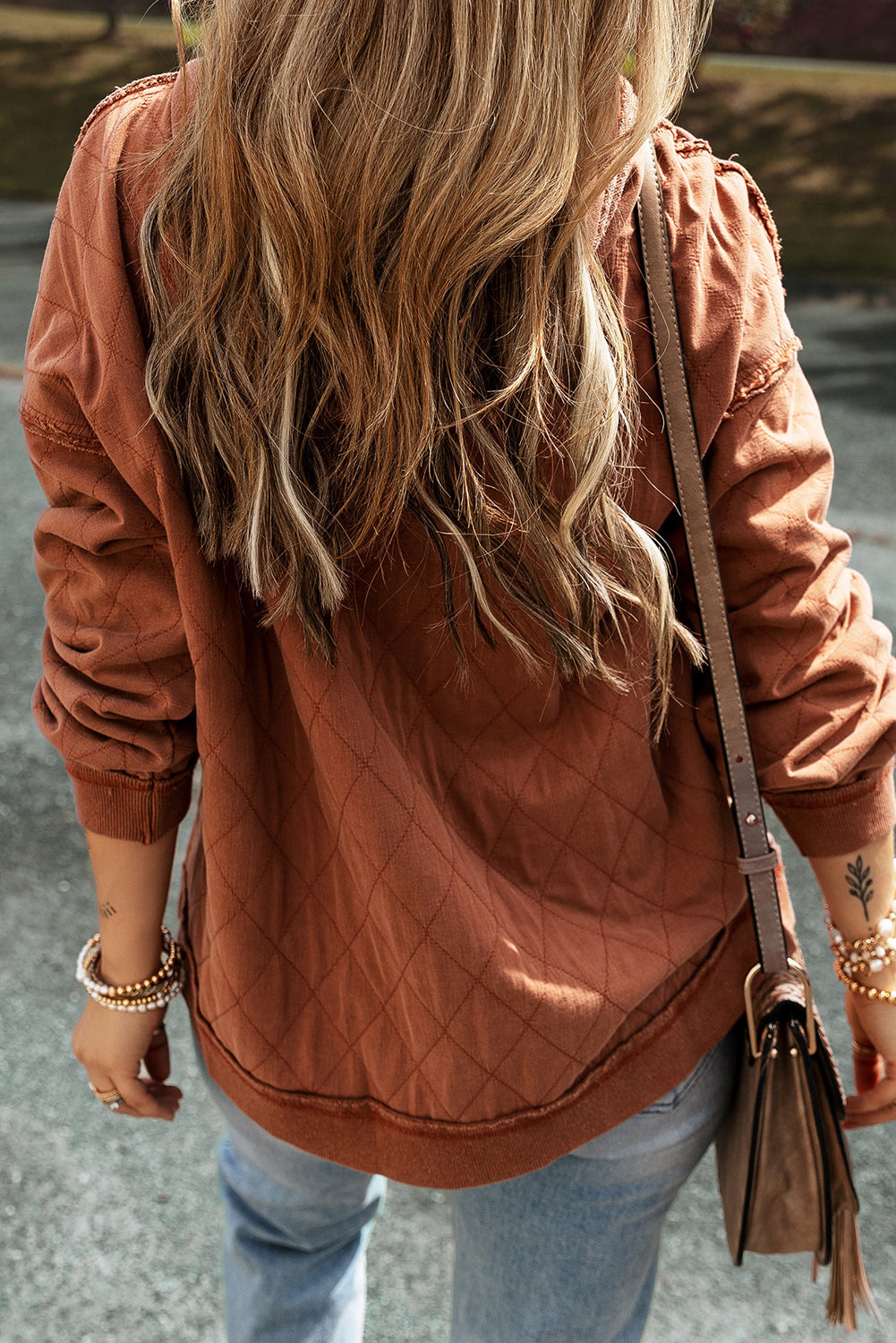 Chestnut Quilted Patchwork Exposed Seam Hoodie Sweatshirts & Hoodies JT's Designer Fashion