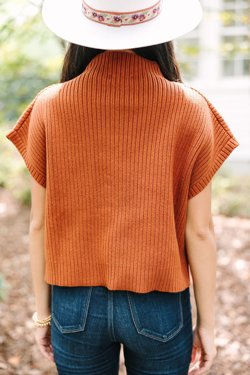 Gold Flame Patch Pocket Ribbed Knit Short Sleeve Sweater Sweaters & Cardigans JT's Designer Fashion