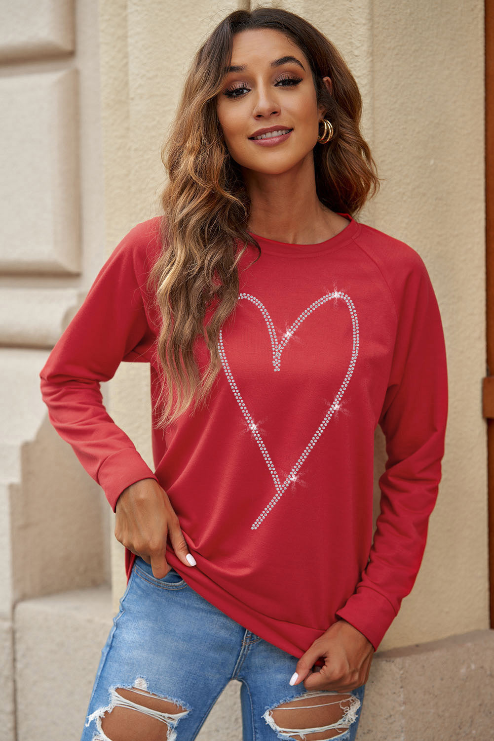 Fiery Red Rhinestone Heart Shaped Long Sleeve Sweatshirt Graphic Sweatshirts JT's Designer Fashion