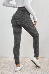 Dark Grey Wide Waistband Ribbed Textured Knit Leggings Bottoms JT's Designer Fashion