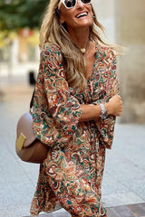 Brown Geometric Print Long Sleeve Surplice Flowy Dress Dresses JT's Designer Fashion