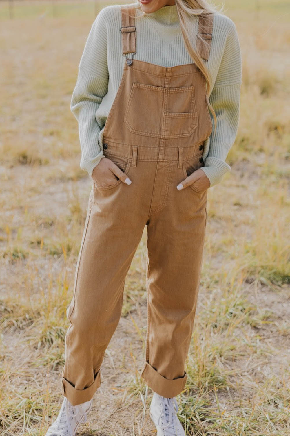 Khaki Multi Pocket Vintage Buckle Strap Denim Overalls Bottoms JT's Designer Fashion