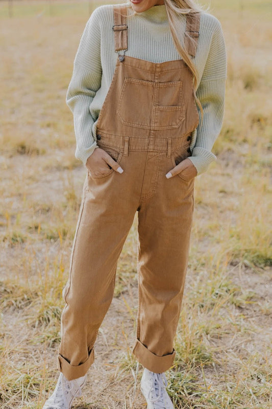 Khaki Multi Pocket Vintage Buckle Strap Denim Overalls Bottoms JT's Designer Fashion