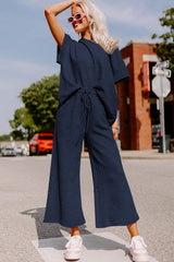 Navy Blue Gray Textured Loose Fit T Shirt and Drawstring Pants Set Bottoms JT's Designer Fashion