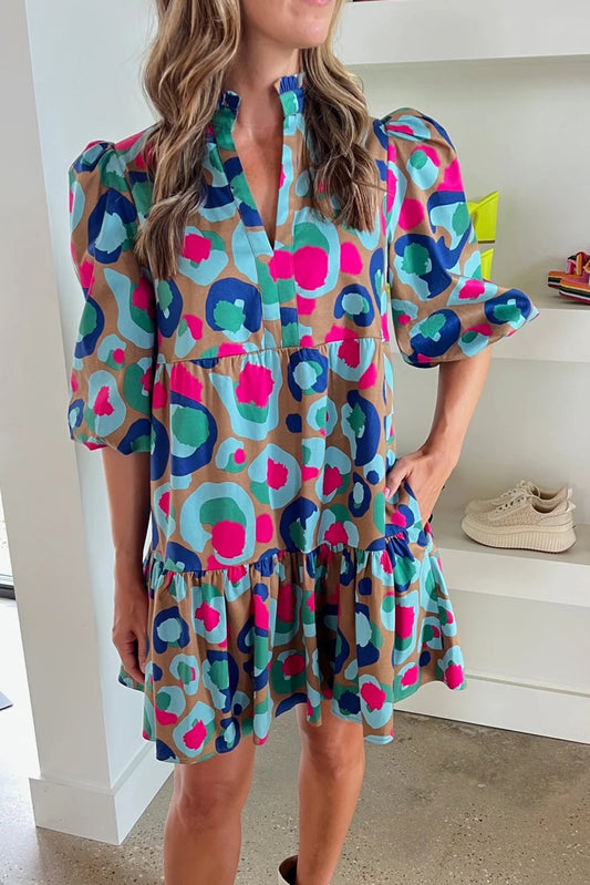 Green Leopard Print Bubble Sleeve Slit Neck Ruffled Dress Dresses JT's Designer Fashion