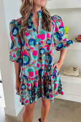 Green Leopard Print Bubble Sleeve Slit Neck Ruffled Dress Dresses JT's Designer Fashion