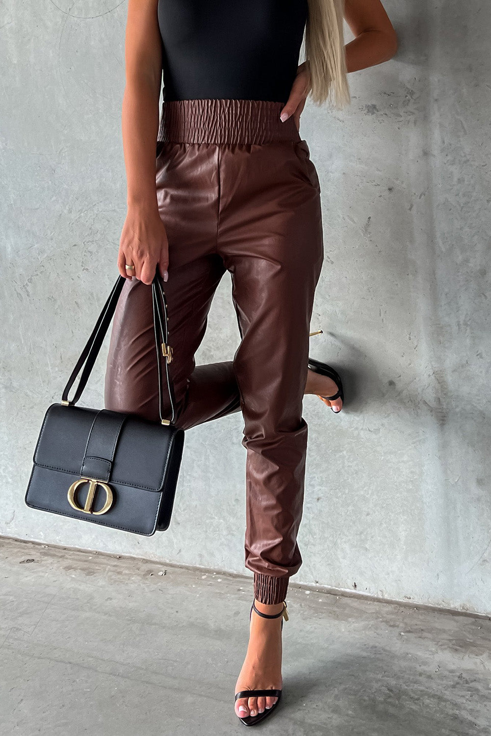 Brown Smocked High-Waist Leather Skinny Pants Bottoms JT's Designer Fashion