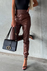 Brown Smocked High-Waist Leather Skinny Pants Bottoms JT's Designer Fashion