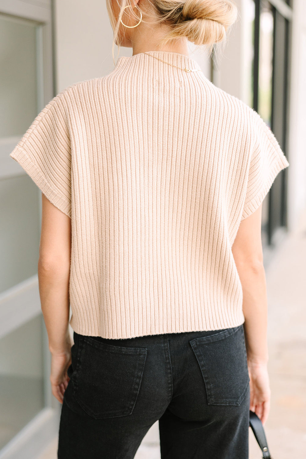 Oatmeal Patch Pocket Ribbed Knit Short Sleeve Sweater Sweaters & Cardigans JT's Designer Fashion