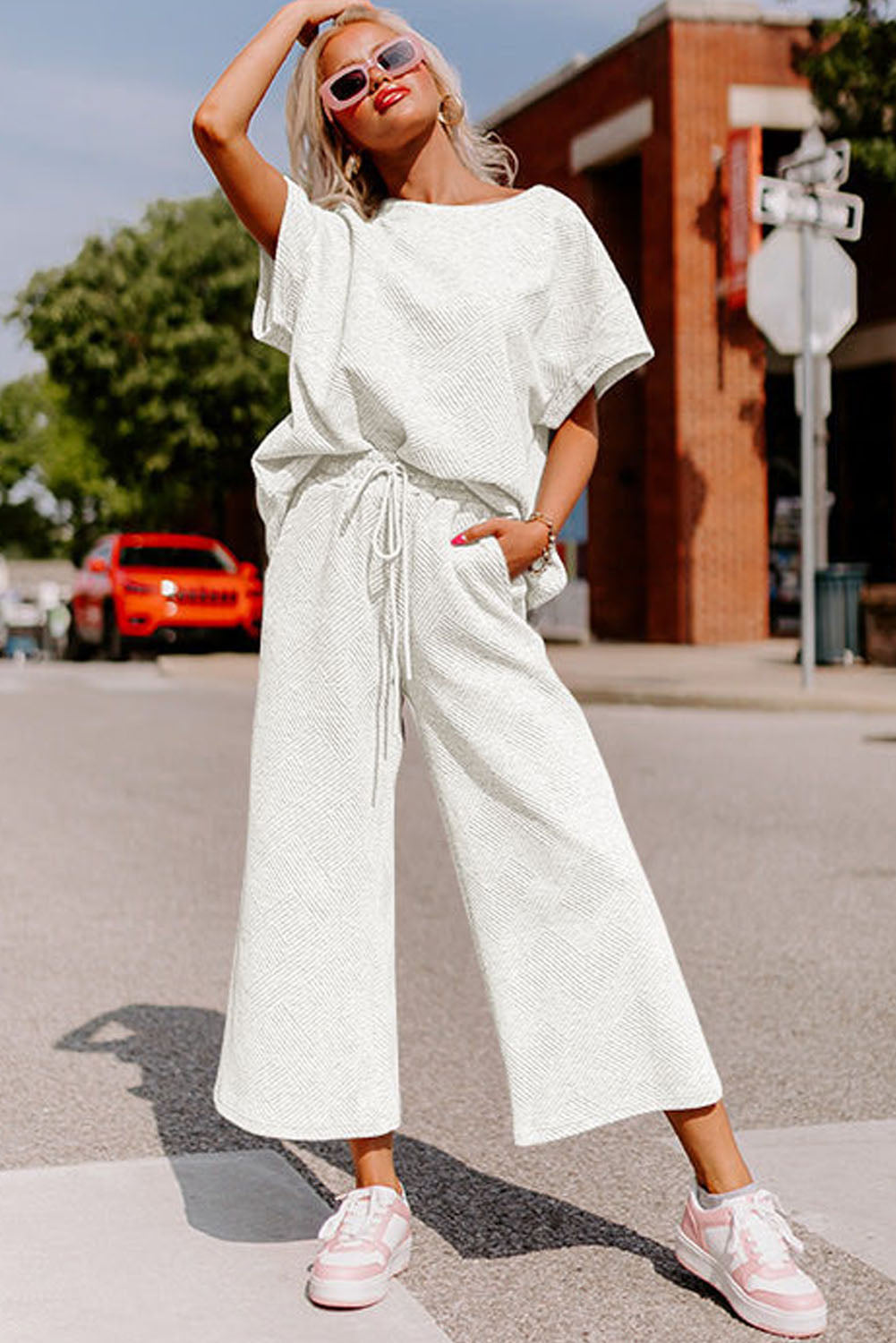 Bright White Gray Textured Loose Fit T Shirt and Drawstring Pants Set Bottoms JT's Designer Fashion
