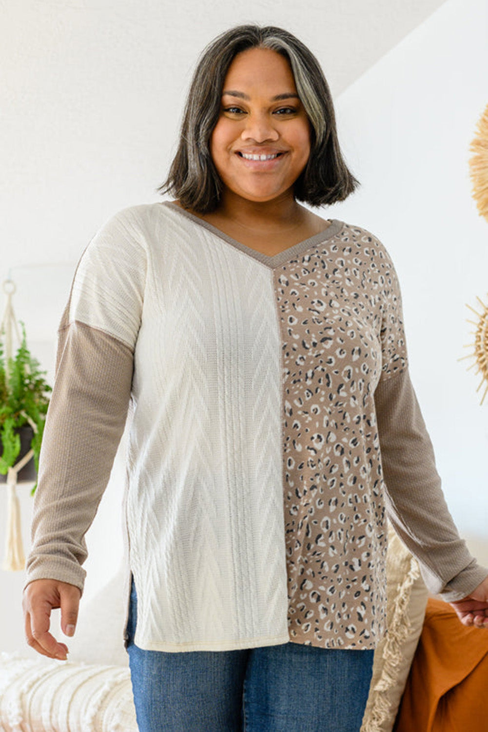 Gray Plus Size Leopard Patchwork Mix Knit Long Sleeve Top Plus Size JT's Designer Fashion