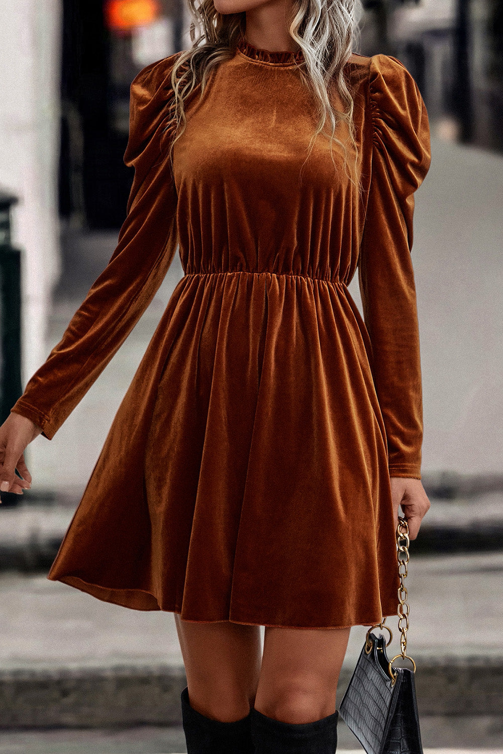 Chestnut Velvet Frilled Neck Gigot Sleeve Swing Dress Dresses JT's Designer Fashion