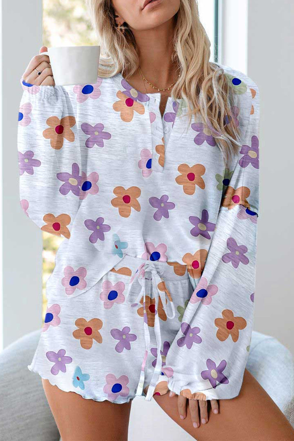 White Floral Long Sleeve Henley Top and Drawstring Shorts Set Loungewear JT's Designer Fashion