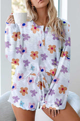 White Floral Long Sleeve Henley Top and Drawstring Shorts Set Loungewear JT's Designer Fashion