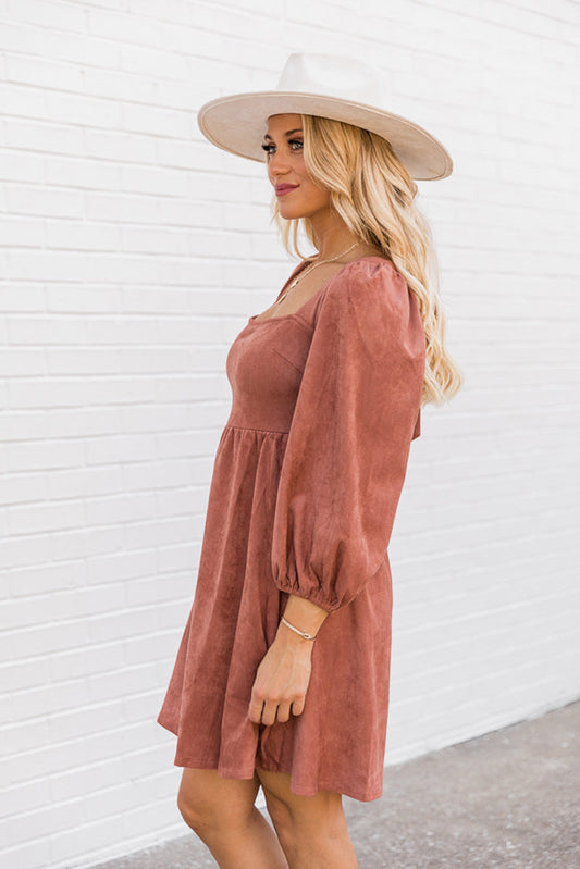 Brown Suede Square Neck Flared Dress Dresses JT's Designer Fashion