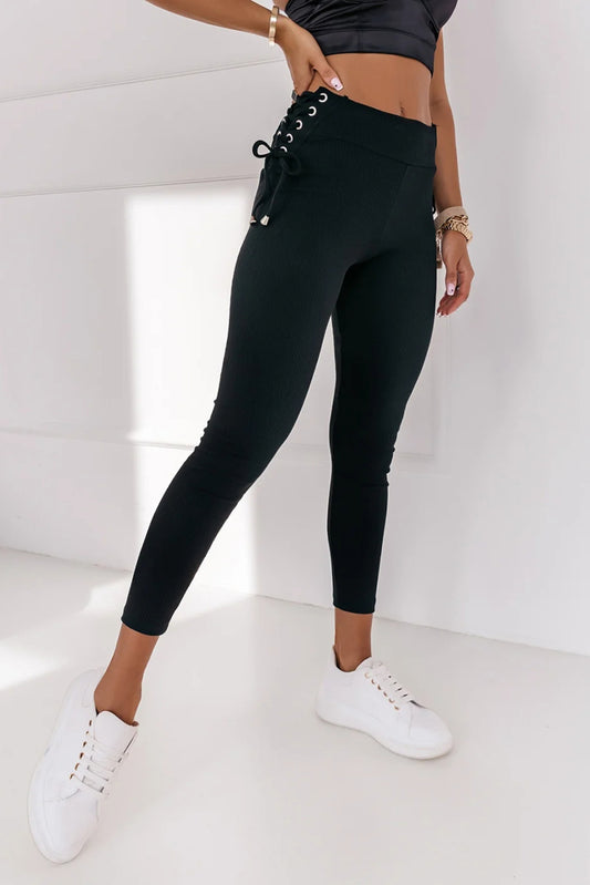 Black Side Lace up Ribbed Leggings Bottoms JT's Designer Fashion