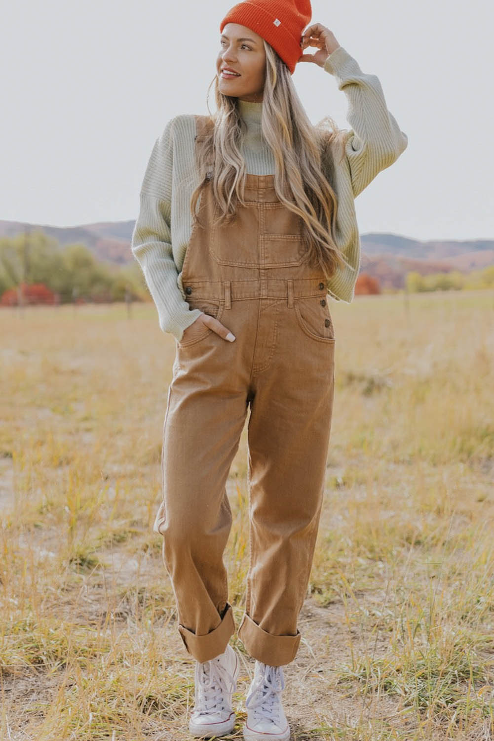 Khaki Multi Pocket Vintage Buckle Strap Denim Overalls Bottoms JT's Designer Fashion