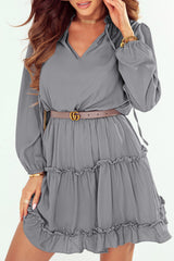 Gray V Neck Long Sleeve Ruffle Tiered Mini Dress Mini Dresses JT's Designer Fashion