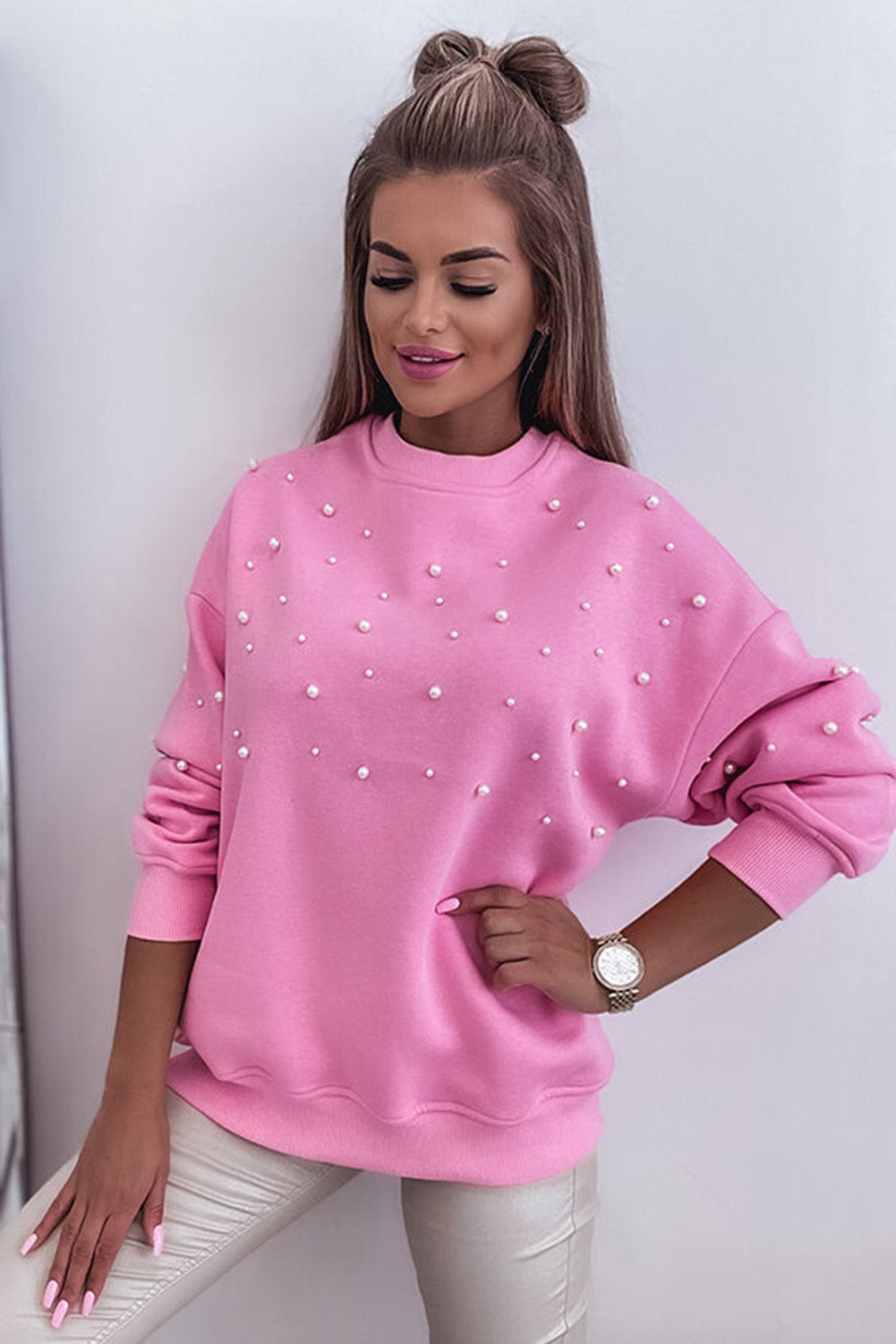 Pirouette Pearl Detail Ribbed Round Neck Sweatshirt Sweatshirts & Hoodies JT's Designer Fashion