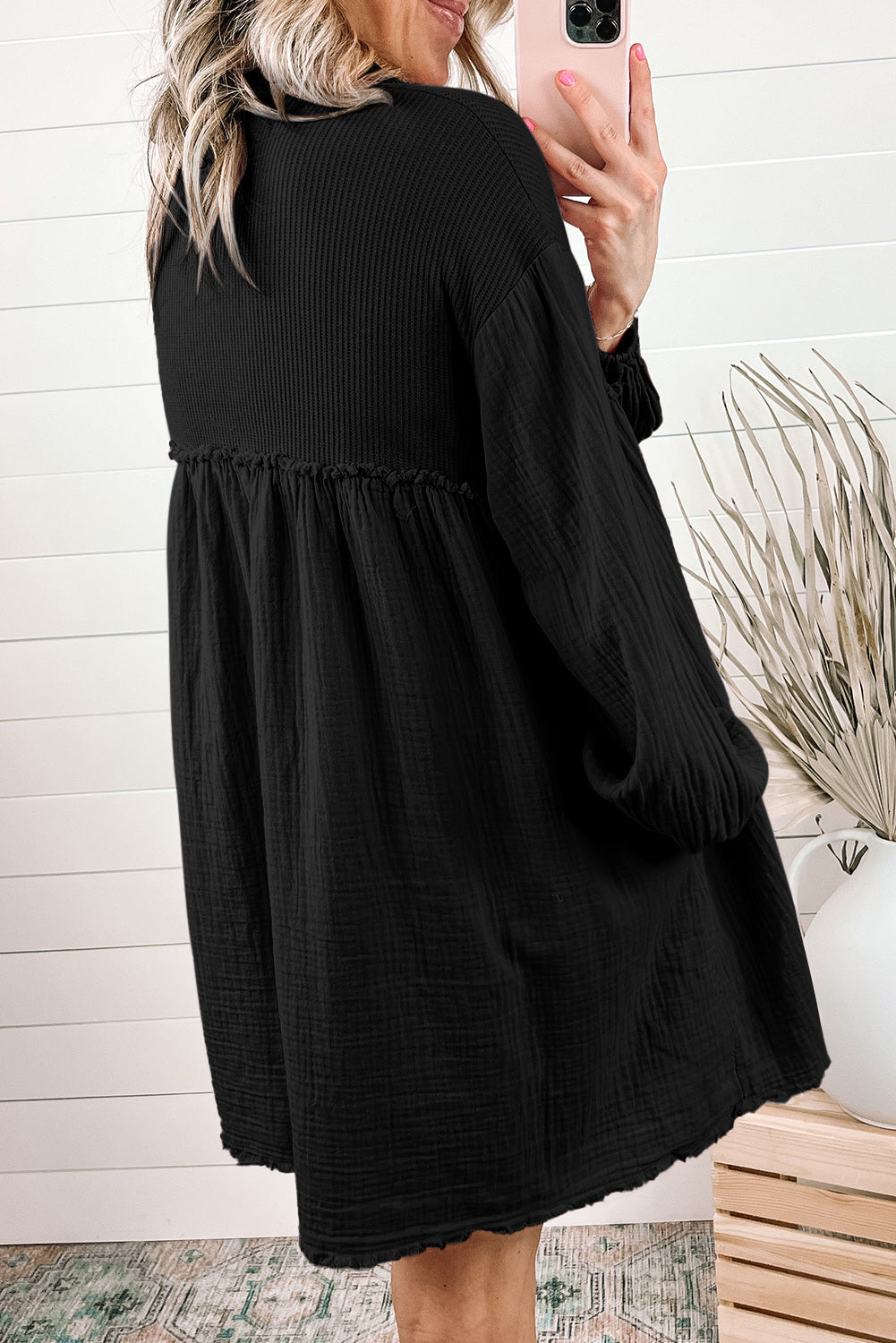 Black Pink Patchwork Crinkle Puff Sleeve Shirt Dress Dresses JT's Designer Fashion
