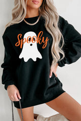 Black Halloween Spooky Ghost Print Crewneck Pullover Sweatshirt Black 70%Polyester+30%Cotton Graphic Sweatshirts JT's Designer Fashion