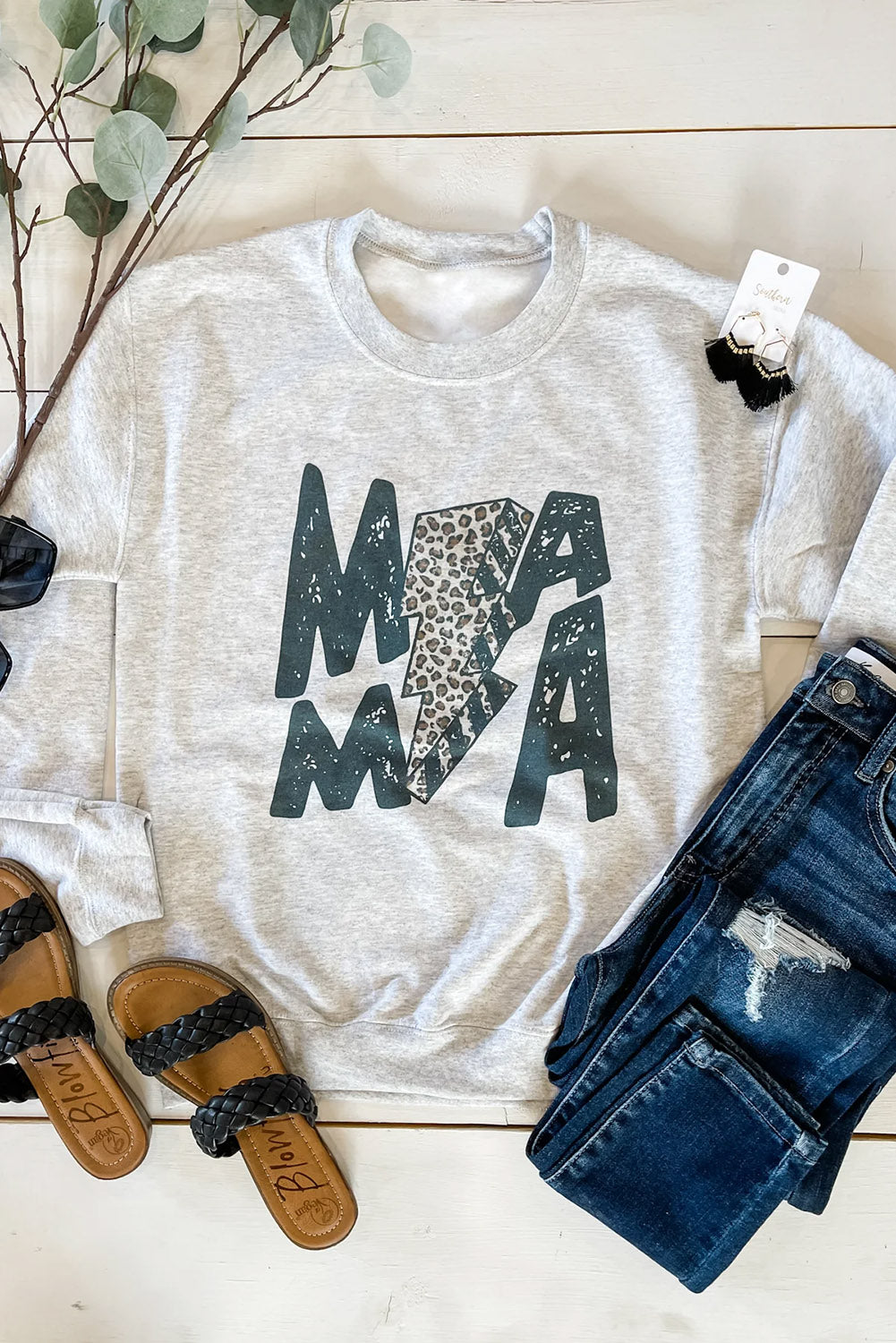 Gray MAMA Lightning Leopard Print Long Sleeve Sweatshirt Graphic Sweatshirts JT's Designer Fashion