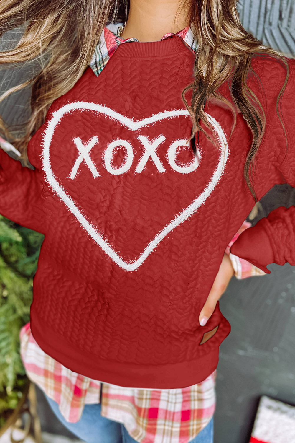Racing Red Valentines Heart XOXO Graphic Textured Sweatshirt Sweatshirts & Hoodies JT's Designer Fashion