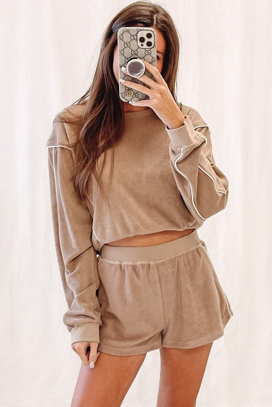 Khaki Exposed Seam Long Sleeve High Waist Shorts Set Bottoms JT's Designer Fashion