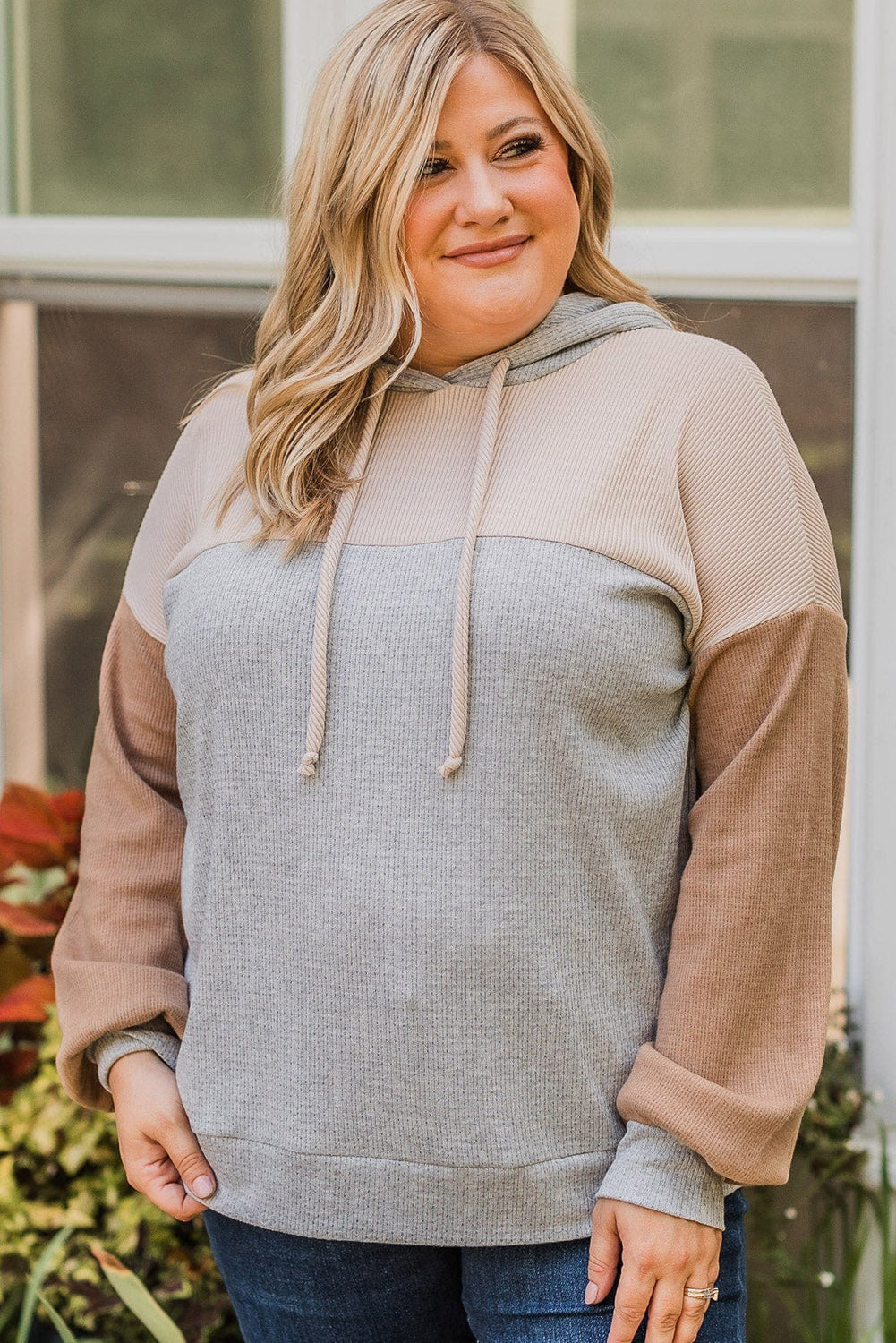 Multicolour Plus Size Colorblock Drop Shoulder Balloon Sleeve Hoodie Plus Size JT's Designer Fashion